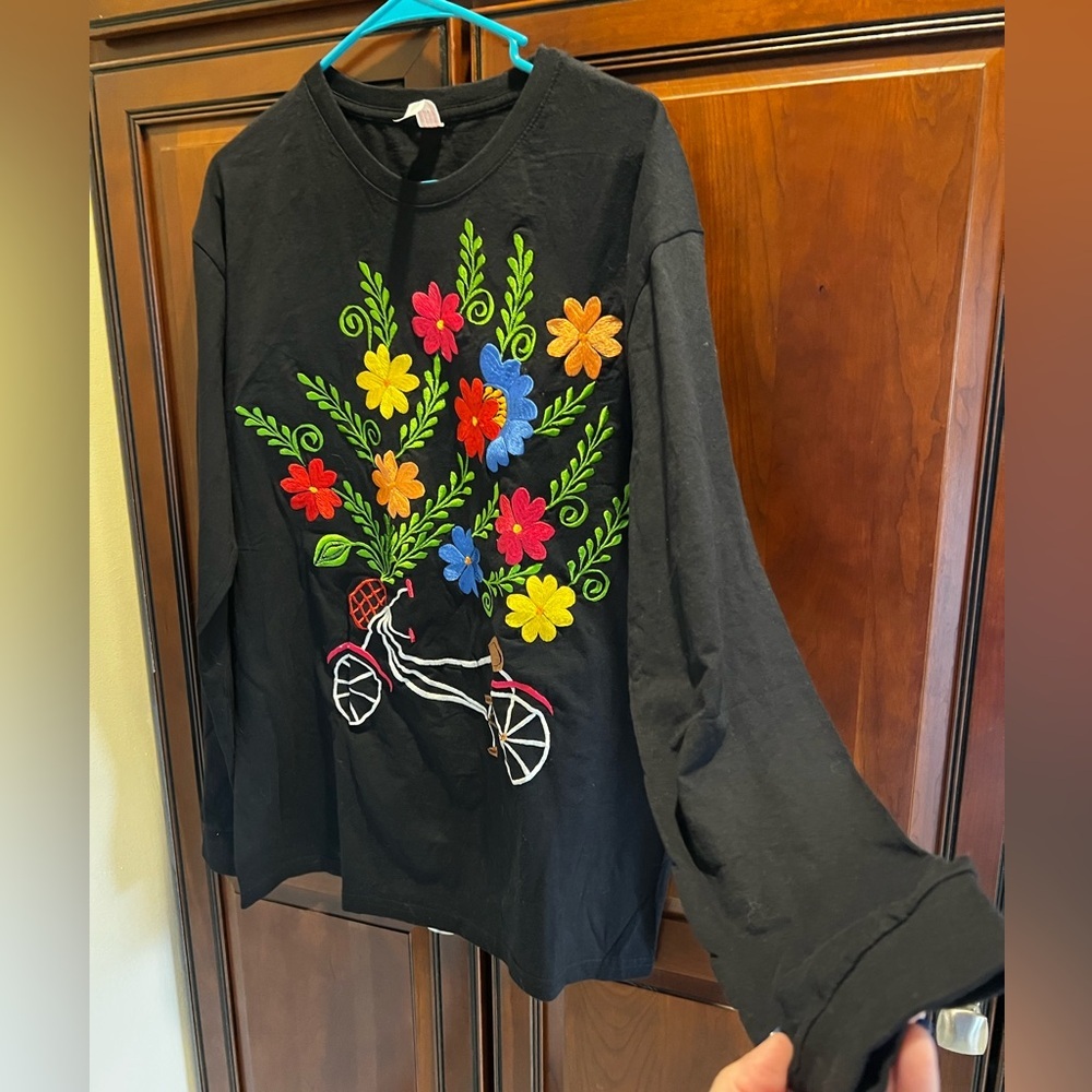 Colorful Floral Embroidered Long Sleeve T-Shirt - - Picture 2 of 5